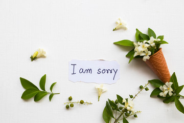 i am sorry  message card handwriting with jasmine flowers in cone arrangement flat lay style on...