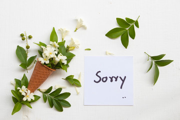 sorry message card handwriting with flowers jasmine in cone arrangement postcard style on...