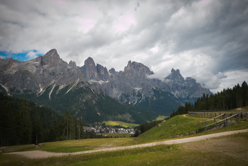 Panoramic view of San Martino di Castrozza during cloudy day of summer in Trentino, Italy