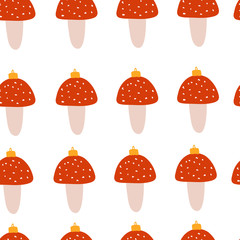 Mushrooms Christmas toy seamless pattern. Good New Year spirit. Christmas mood. Vector hand drawn illustration.