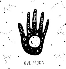 Vector black mystic hands mudra esoteric with the phrase. Illustration for a wall art design, poster, greeting card, printing. Aztec stile, tribal art, ethnic, design isolated on white background.