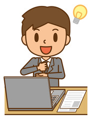 ビジネスマン　デスクワーク　パソコン　仕事　思いつく　解決
