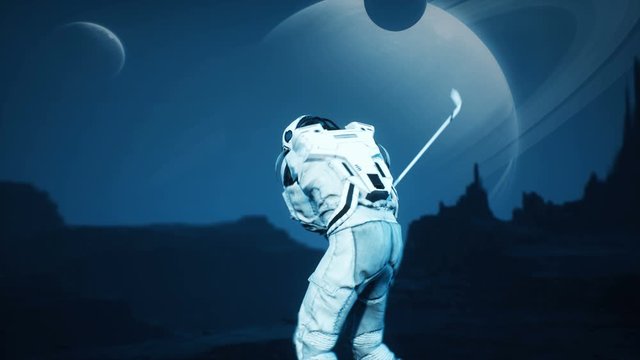 A research astronaut plays golf on an alien uninhabited planet. Animation for fantasy, futuristic or space travel backgrounds.