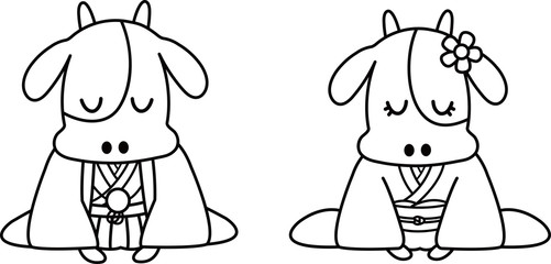 お辞儀をする着物姿の牛の夫婦（白黒）