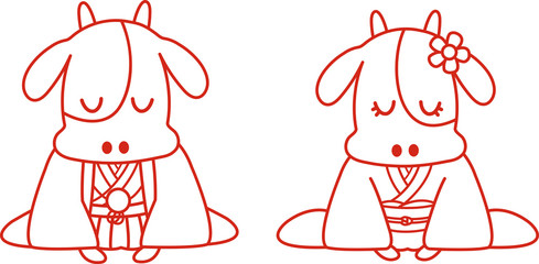 お辞儀をする着物姿の牛の夫婦（紅白）