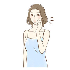 頬をつついて笑顔の女性
