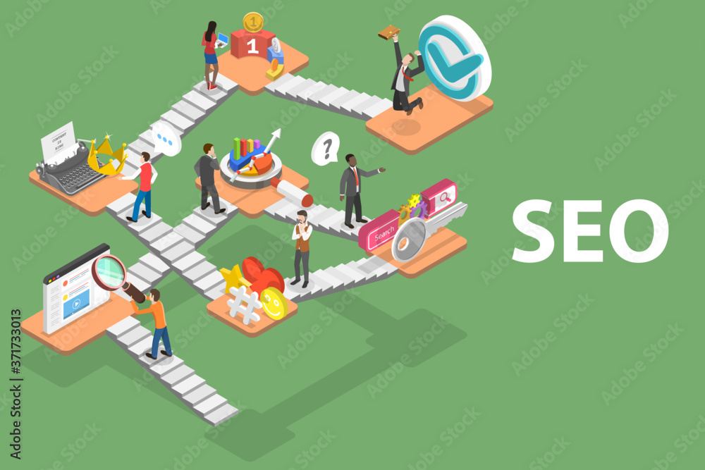 Poster 3d isometric flat vector conceptual illustration of search engine optimization.