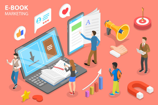 3D Isometric Flat Vector Conceptual Illustration of E-book Marketing Campaign.
