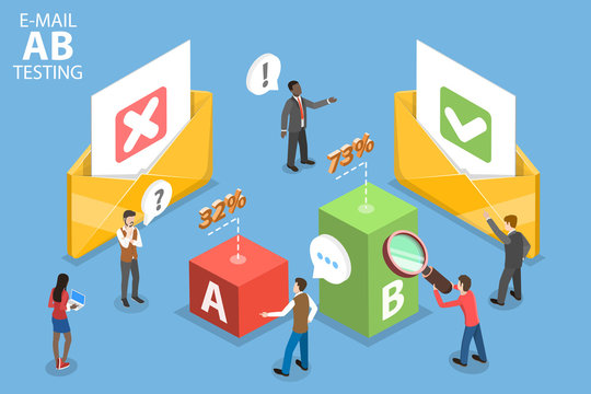 3D Isometric Flat Vector Conceptual Illustration of E-mail AB testing.