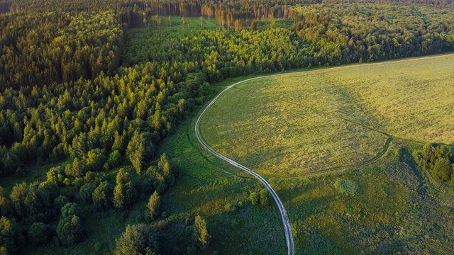 Aerial view of rural road between green field and forest