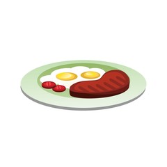 Breakfast Meat and Eggs on a Plate Flat Icon Illustration Isolated in White