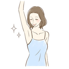 脇の下を見て笑顔の女性