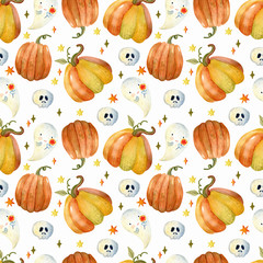 Seamless pattern with pumpkin jack-o'-lantern, tree,autumn leaves and candy. Halloween. Watercolor hand drawn illustration. 