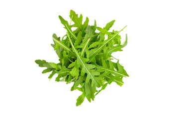 Fresh organic arugula leaves isolated on white background