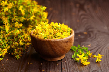 Hypericum perforatum or St Johns wort flowers buds in wooden bowl