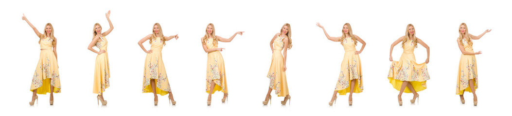 Blond girl in charming dress with flower prints isolated on whit