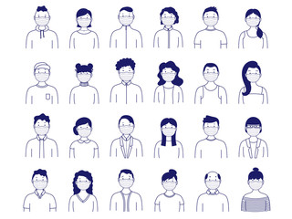 Collection of portraits of people in medical masks. Simple set of male and female avatars. Vector illustration