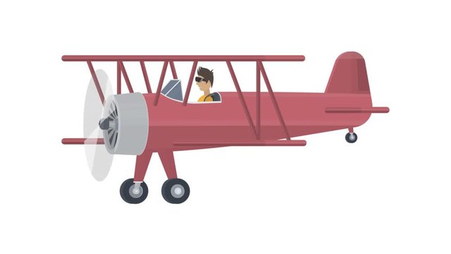 Biplane. Animation of the plane with the pilot, alpha channel is enabled. Cartoon