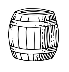 Wooden barrel. Beer, wine cask. Outline hand drawing. Isolated vector object on white background.
