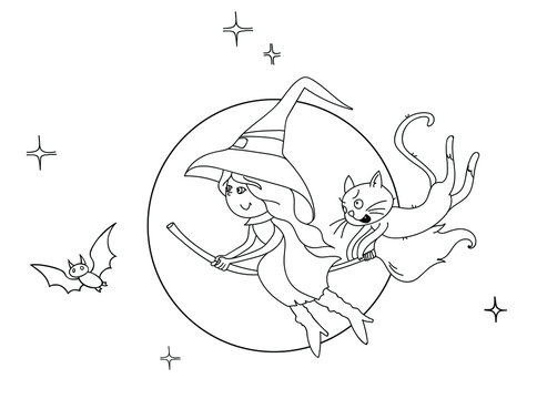 Hand drawn line illustration. Perfect for kids coloring book. Sketch Halloween. Witch in a hat flies on a broomstick with a cat and a bat. Album cover. Coloring book page for adults. Black and white