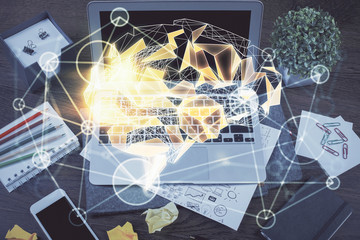 Multi exposure of work space with computer and human brain hologram. Brainstorm concept.