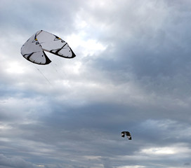 Cometa, Kitesurf, en una playa, un día de verano nublado