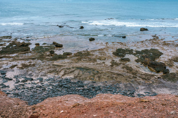 Rocky Atlantic coastline at low tide. Fuerteventura. Canary Islands. Spain.