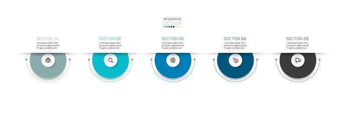 Design circle 5 sections for use study results such as explain to research results, advertising planning.infographic design.