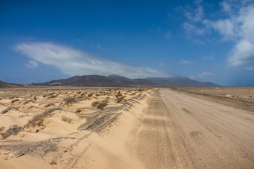 Fototapeta na wymiar Deserted sandy expanses of the Jandia Peninsula and a dirt road going into the distance. Fuerteventura. Canary Islands. Spain.