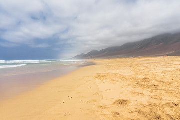 The wide and empty Cofete beach on Jandia Peninsula. Fuerteventura. Canary Islands. Spain.