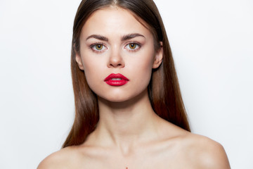 Brunette Nude shoulders red lips look forward attractive natural look 