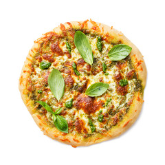 Fresh baked homemade pizza or pie with basil pesto sauce,mozzarella cheese and fresh basil leaves. isolated on white background	