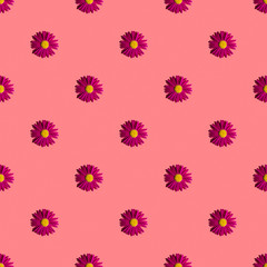 Fashionable summer floral pattern. Bright pink daisies on a pink background with hard shadows, flat lay, top view, seamless texture. Minimalistic background in style pop art. Fabric and card ideas