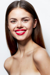 Brunette Nude shoulders smile red lips attractive look clear skin light 