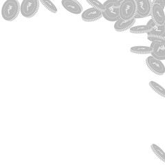 Indian rupee coins falling. Scattered black and wh