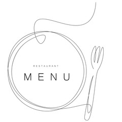 Menu restaurant background plate and fork line drawing. Vector illustration