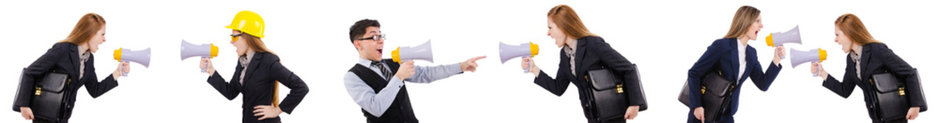 Female construction worker with loudspeaker isolated on white