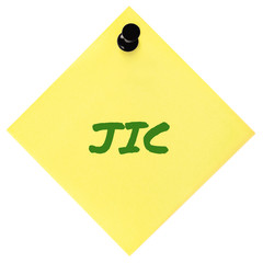 Just in case initialism JIC green marker written acronym text, isolated yellow post-it to-do list...