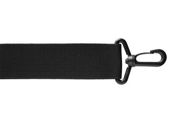 Black belt rope strap lanyard, hanging plastic clasp snap latch hook carabiner, isolated macro closeup, horizontal - 371744436