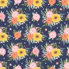 Seamless pattern with flowers, leaves and grass. Freehand drawing