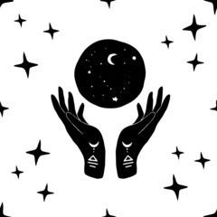 Vector seamless pattern of henna mystic mudra hands, moon and stars. Great for fabric, wrapping paper. Aztec stile, tribal art, ethnic collection, design isolated on white background.