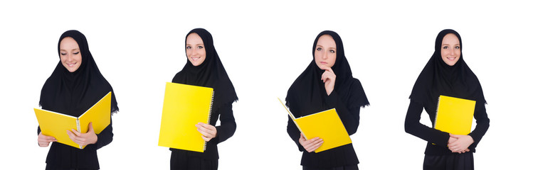 Young muslim student with books on white
