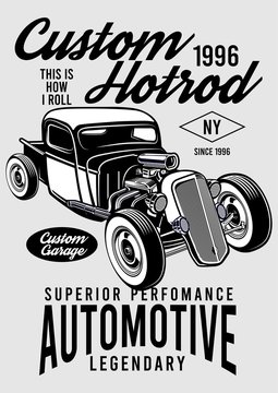 classic hotrod black and white illustration