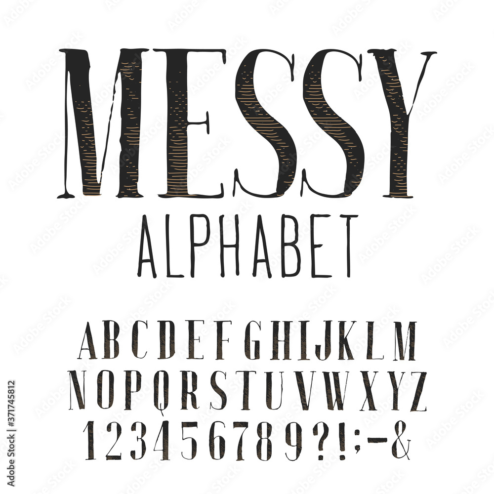 Poster messy serif alphabet font. handwritten uppercase letters, numbers and symbols. white background. sto