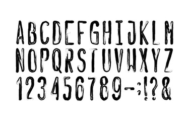 Hand Drawn alphabet font. Messy uppercase letters, numbers and symbols. Stock vector typescript for your design.