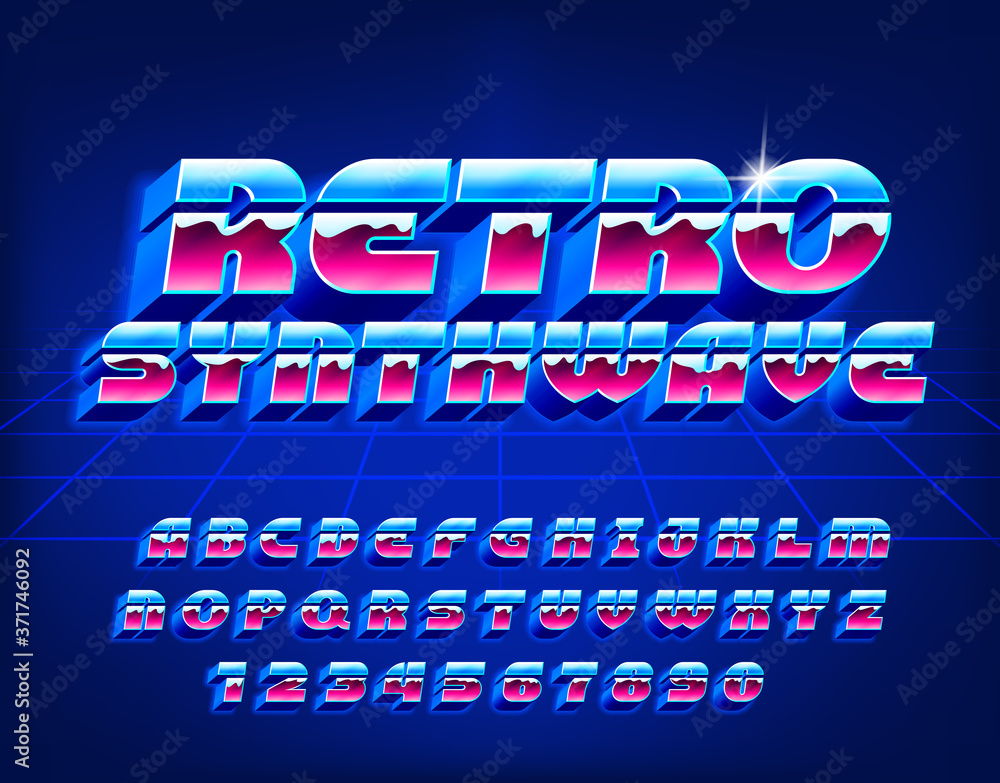 Fototapete retro synthwave alphabet font. 3d letters, numbers and symbols in 80s style. retro-futuristic vector