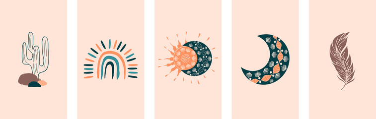Boho Social Media cover Layout. Vector set of bohemian template in ethnic style for womanly profile, social media, mobile app. Modern boho icons with rainbow, cactus, feather, sun, moon