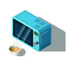 Obraz premium Isometric 3D Kitchen Microwave Oven With Bowl Of Soup Equipment Appliances Element Vector Design Style