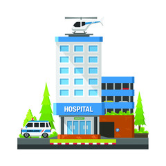 Hospital in flat style isolated on white background, Healthy or medical concept building.