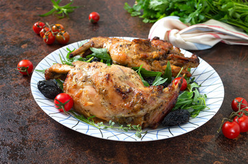 Baked rabbit with prunes. Diet menu. Proper nutrition.